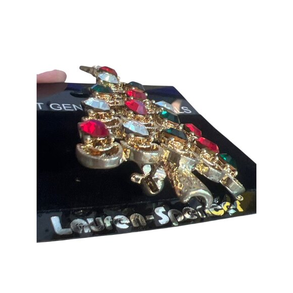 Vintage Lauren Spencer Genuine Crystal Pin Brooch Gold Tone Red Green Clear New - Picture 2 of 5